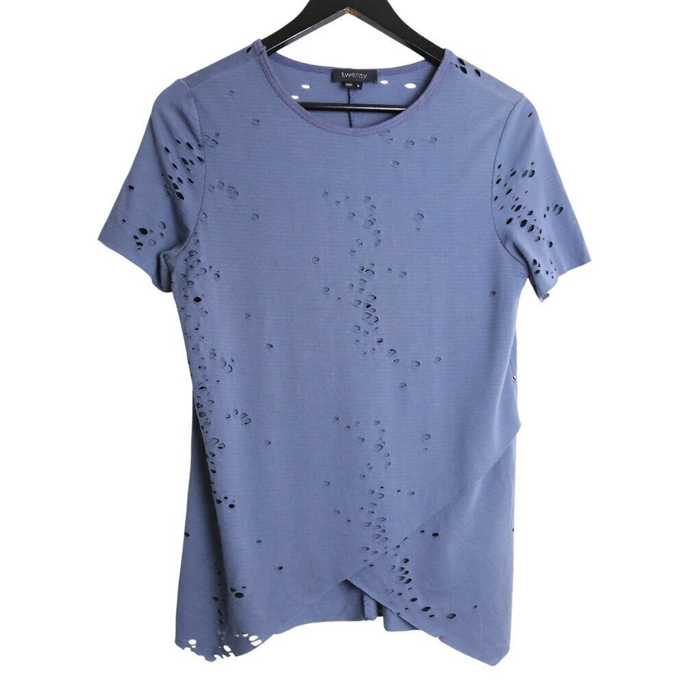Twenty Distressed Asymmetrical Wrap Front Short Sleeve Shirt Blue Size Small